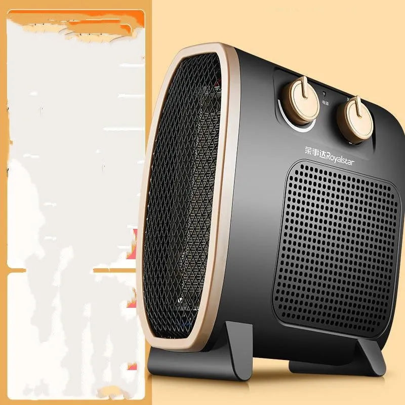 White electric fan heater with mechanical control dials on a dark background.