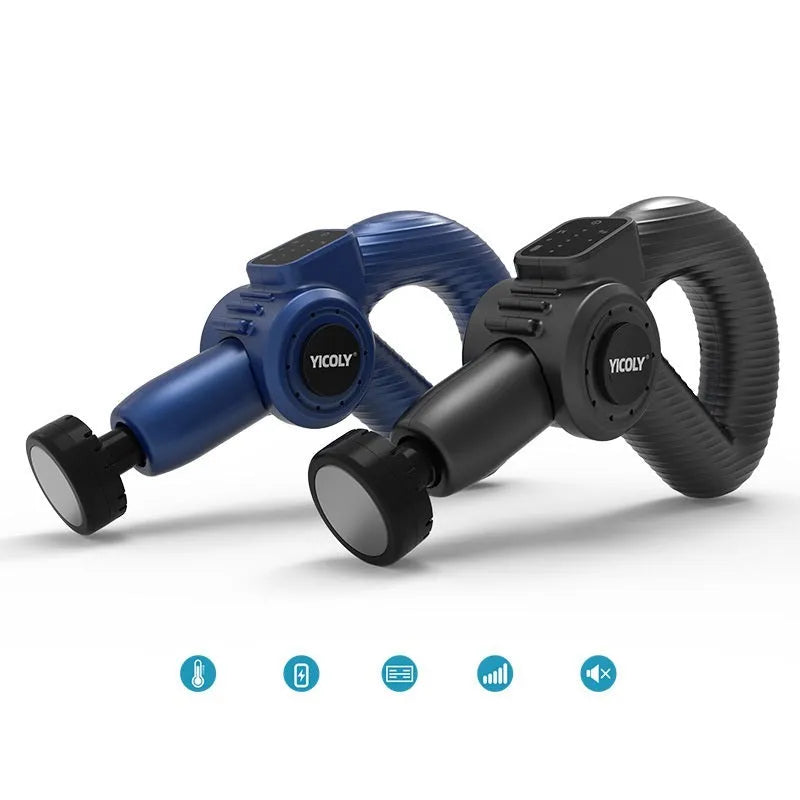 Black smart muscle massage gun with multiple attachment heads on a grey background