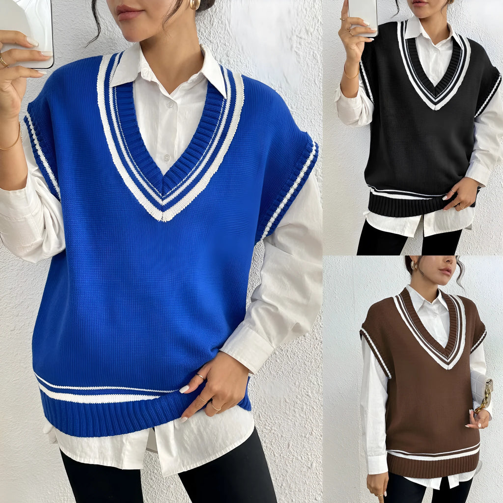 Women's loose fit college style vest sweater in black, blue, or coffee colour