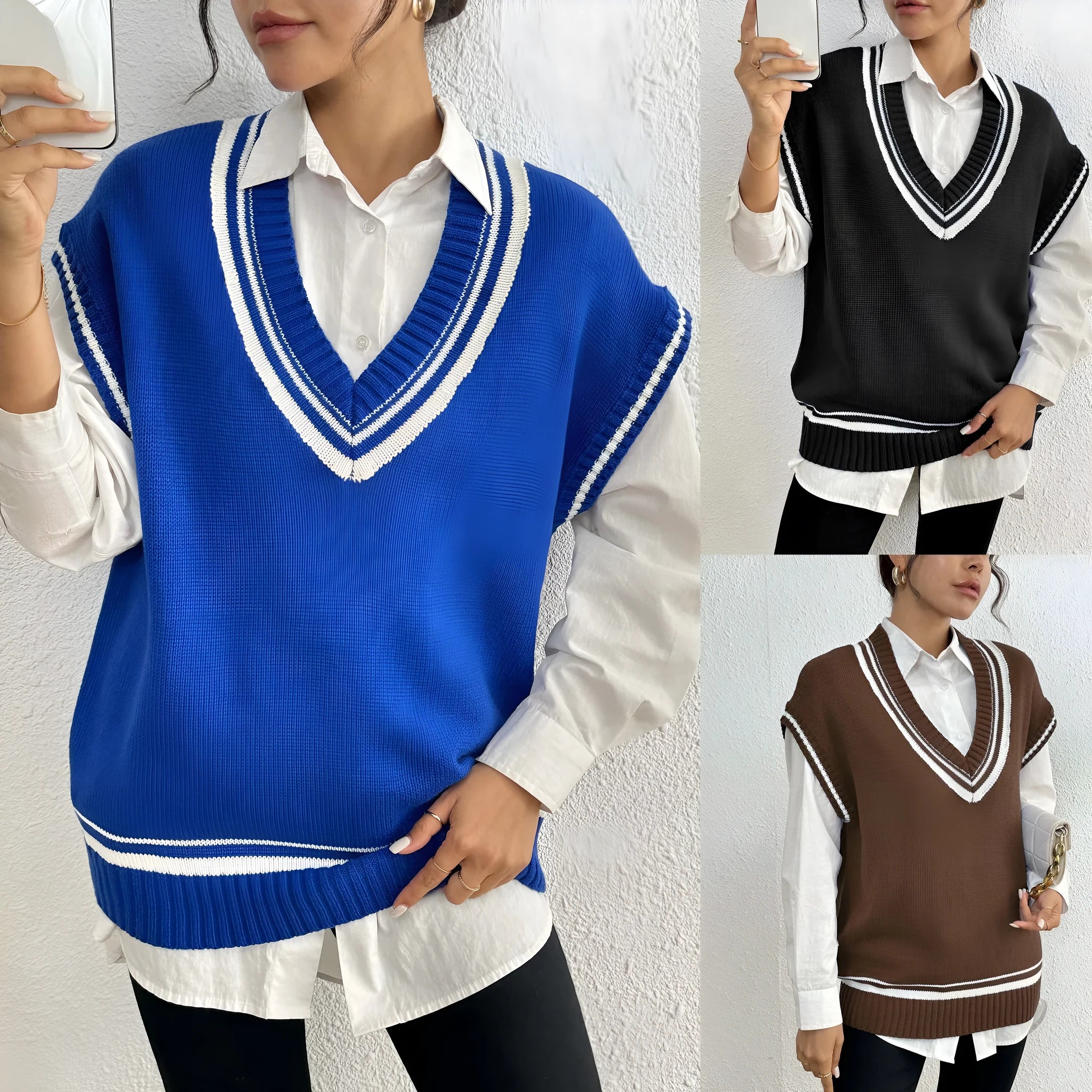 Women's loose fit college style vest sweater in black, blue, or coffee colour