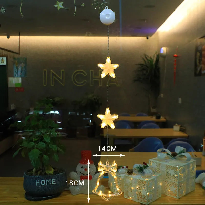 Christmas window lights with star-shaped LED pendants and suction cups for battery-operated festive decoration
