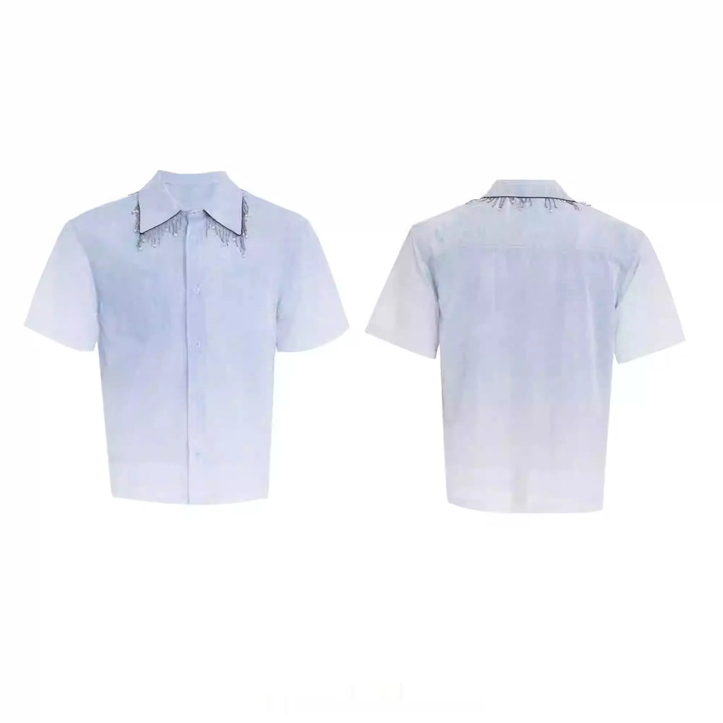 Blue and white gradient men's casual short-sleeve shirt with a loose fit.