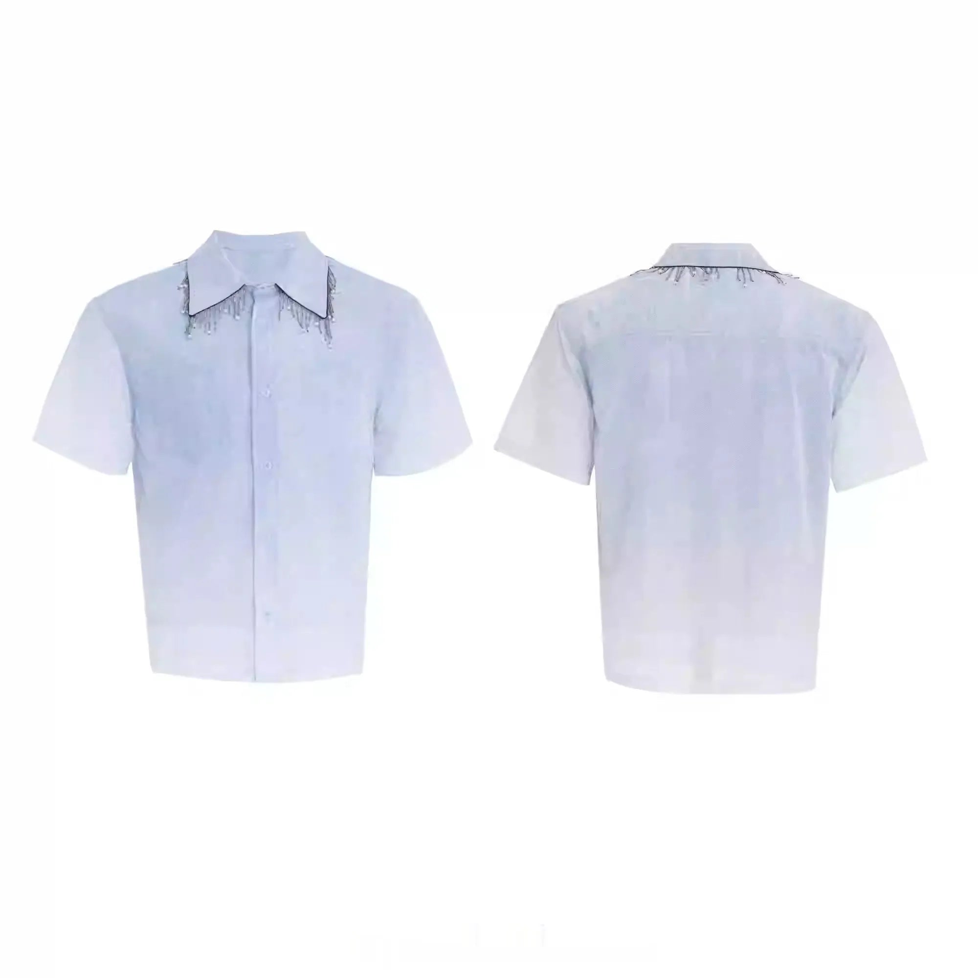 Blue and white gradient men's casual short-sleeve shirt with a loose fit.