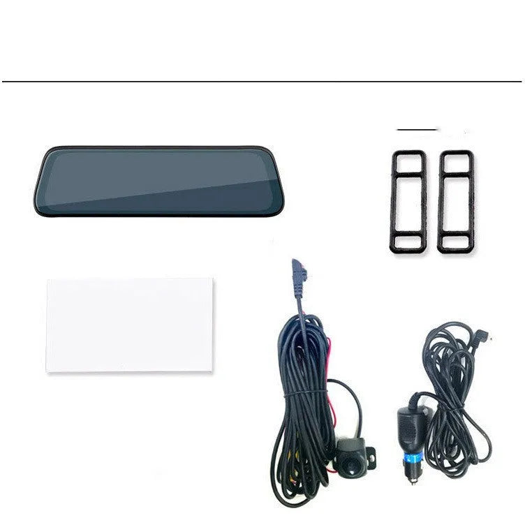 10-inch full screen car dash cam with front and rear cameras on a car dashboard