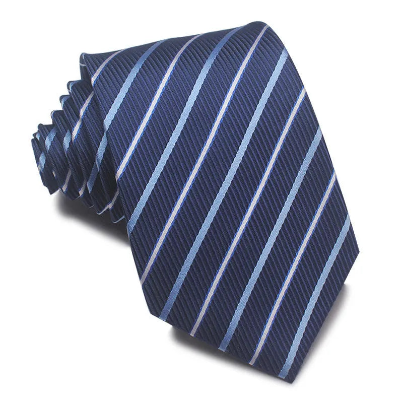 Men's red, black and blue striped polyester jacquard tie with a traditional arrow shape.