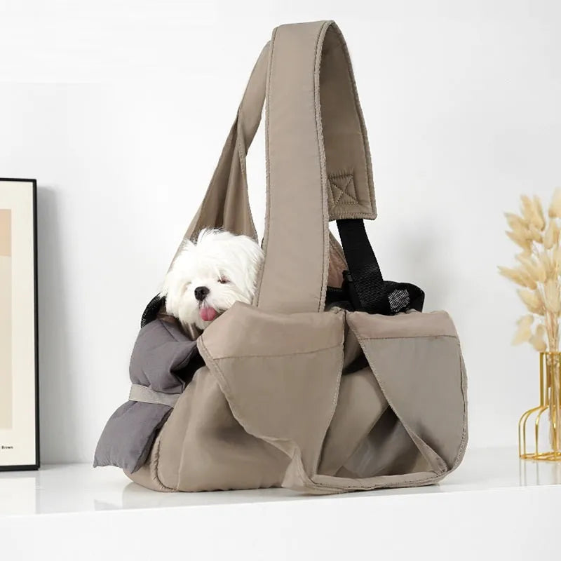 Apricot cloth pet carrier bag measuring 41x16x28cm with handbag-style design