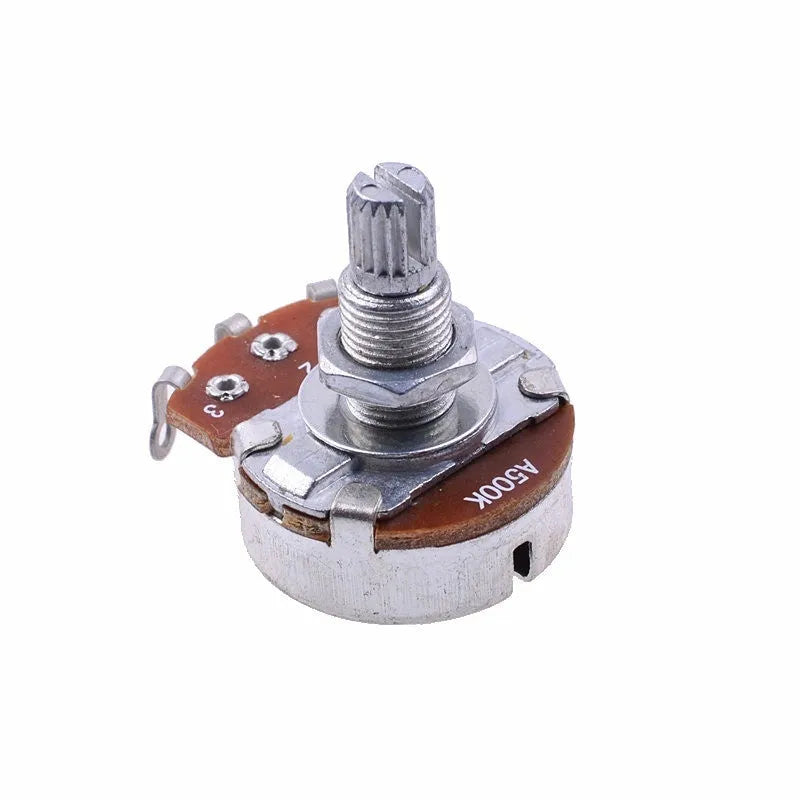A single metal potentiometer knob for electric guitar volume and tone control.