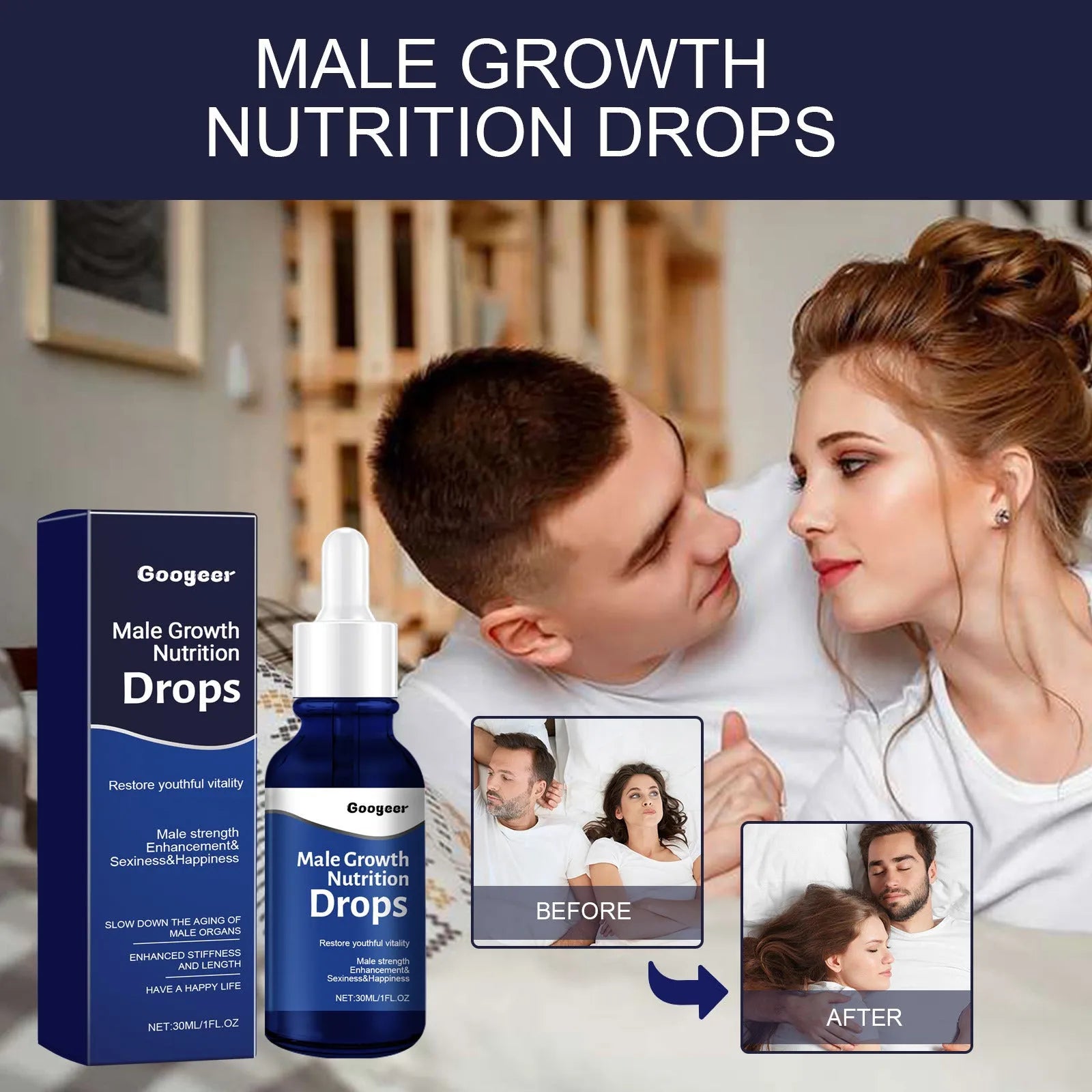 30ml bottle of male body nutrition drops with dropper for universal skin type application