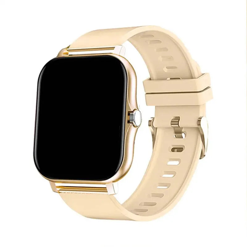 Smart watch with 1.44-inch colour touchscreen and silicone strap, shown in various colour options.