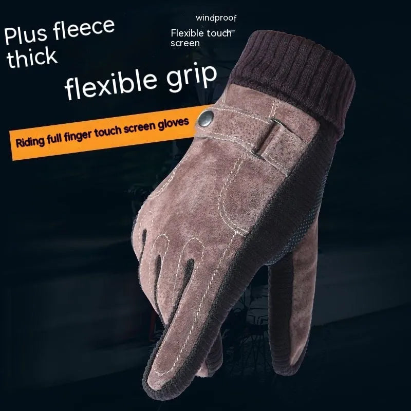 Men's genuine pigskin leather touch screen gloves in brown with fleece lining for winter warmth