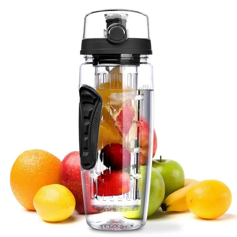 32oz BPA-free Tritan fruit infuser water bottle with removable fruit cup in assorted colours