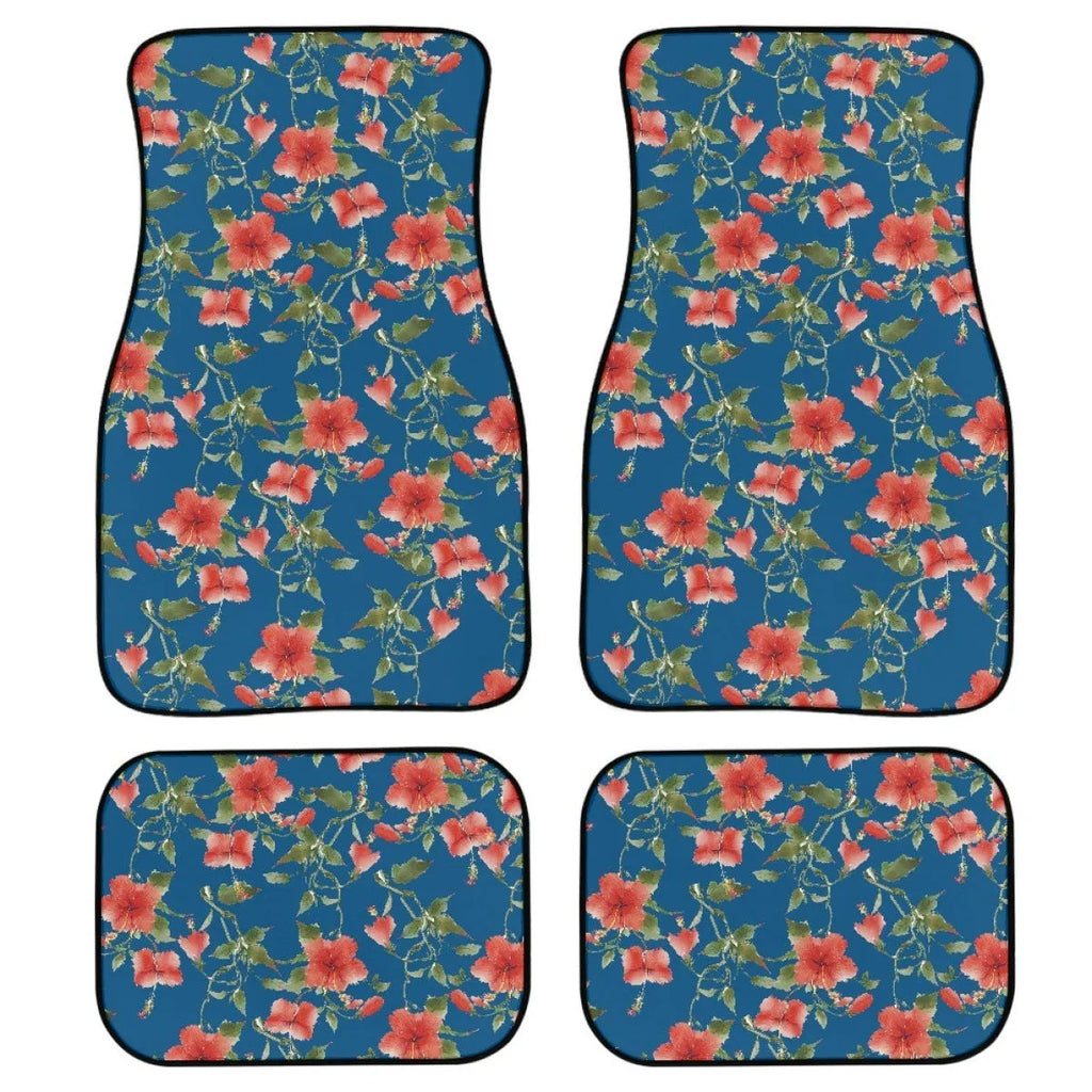 Black printed rubber car foot mat set showing four pieces for vehicle footwells.