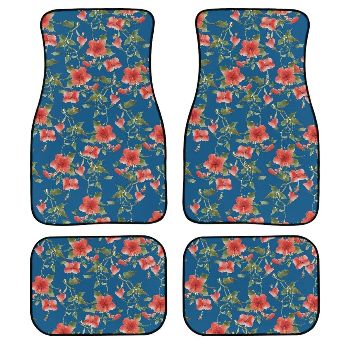 Black printed rubber car foot mat set showing four pieces for vehicle footwells.