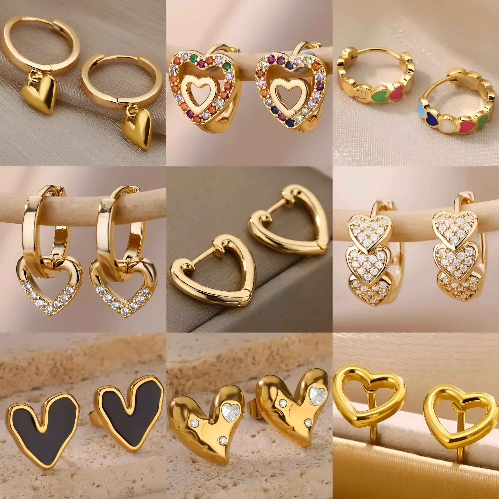 Pair of heart-shaped stainless steel stud earrings with zircon stones and ear clip fittings.
