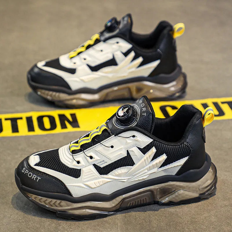 Men's black rotating button dad shoes with a mesh upper and platform sole
