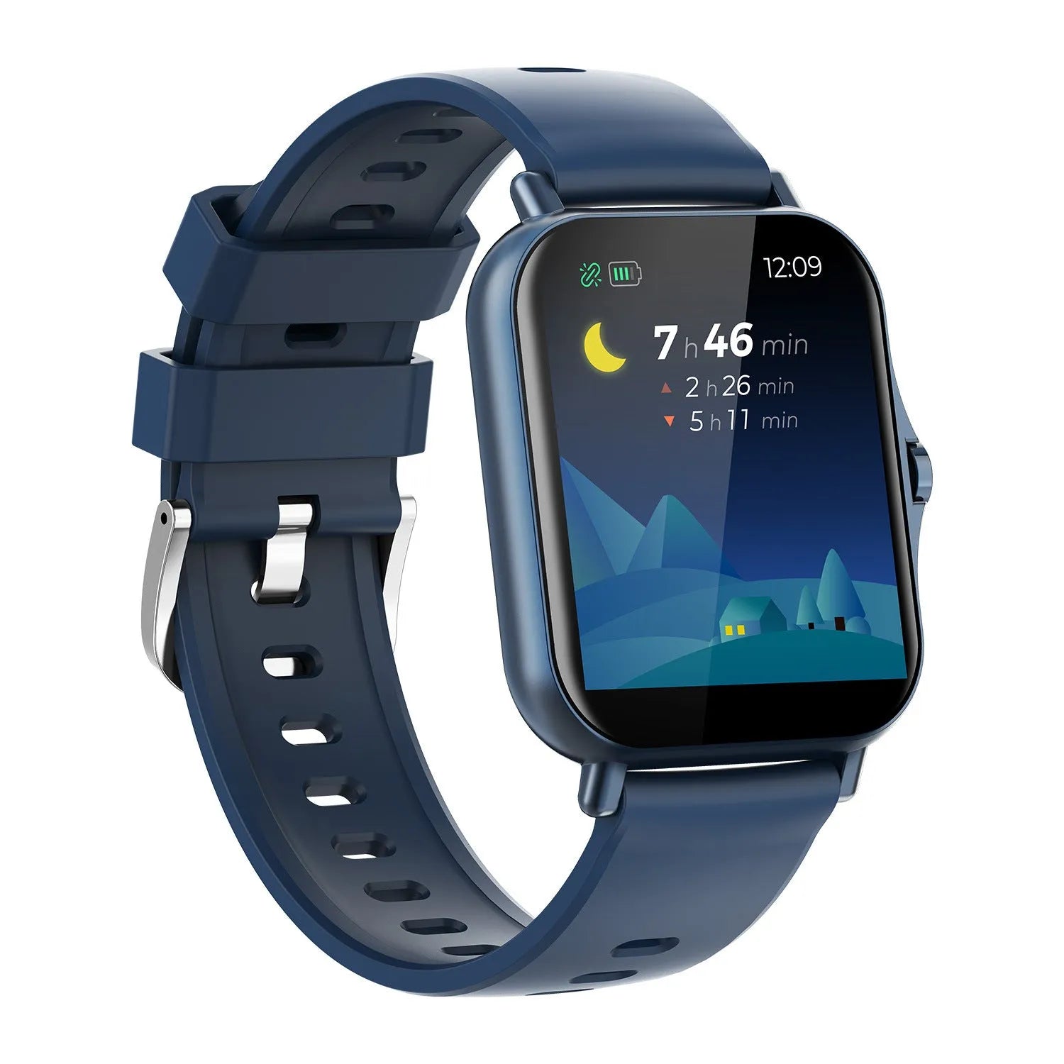 W10 Bluetooth smart watch showing heart rate monitor on blue wristband.