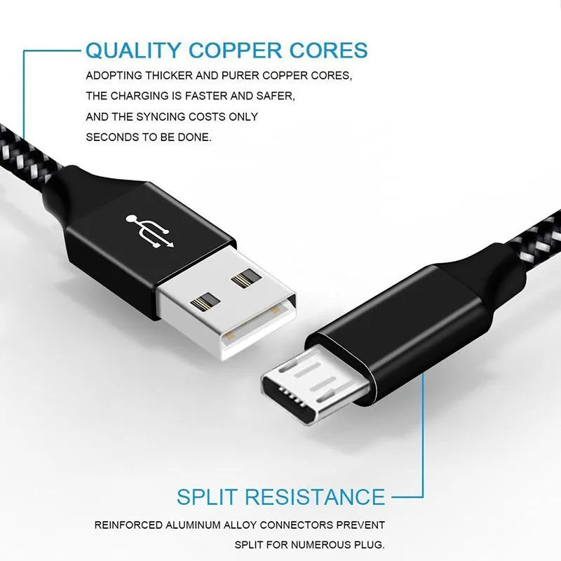 Braided fast-charging USB cable with Micro USB connector for Android phones.