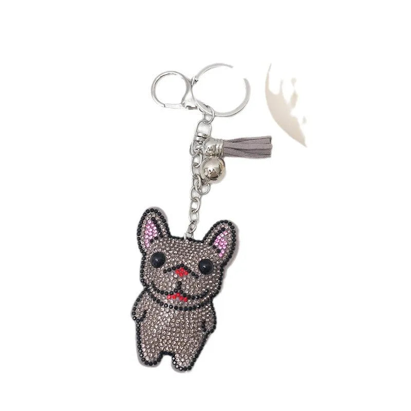 Rhinestone cartoon French bulldog keychain pendant on a diamond-shaped alloy base.