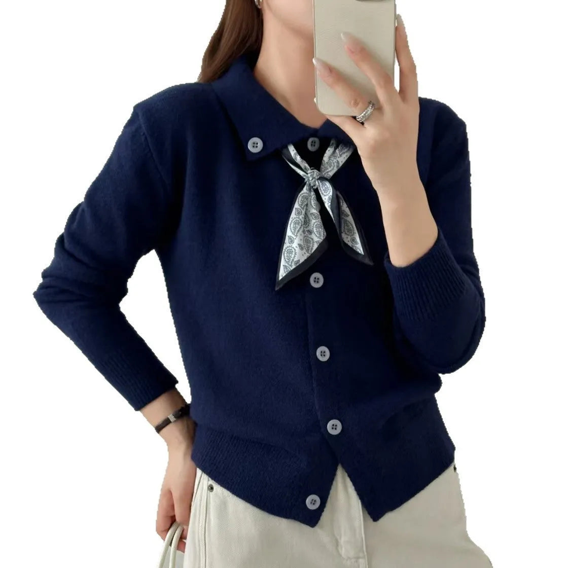 Beige lapel scarf sweater cardigan with splicing design and long sleeves