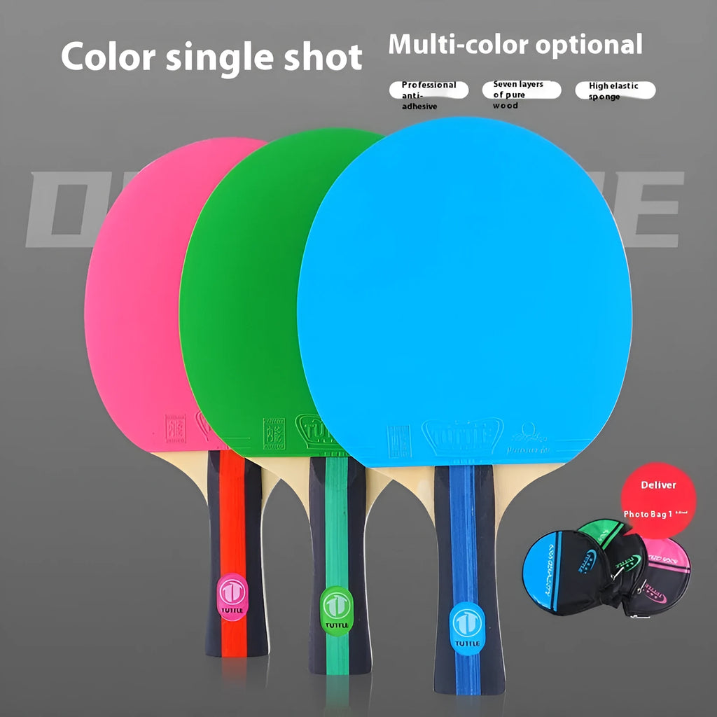 Colourful pure wood table tennis racket with a long handle for shakehand grip, shown with its matching protective cover bag.