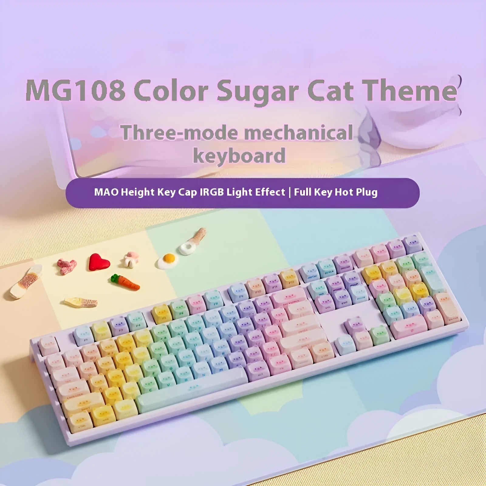 MG108B Coloured Sugar Cat Bluetooth mechanical keyboard with 108 keys and colourful design.