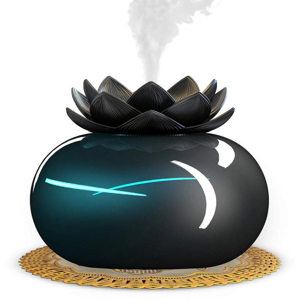 Pure black round lotus aromatherapy humidifier with USB power cable and ceramic-plastic construction