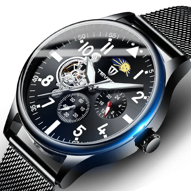 Black men's mechanical watch with moon phase indicator and luminous hands on alloy case