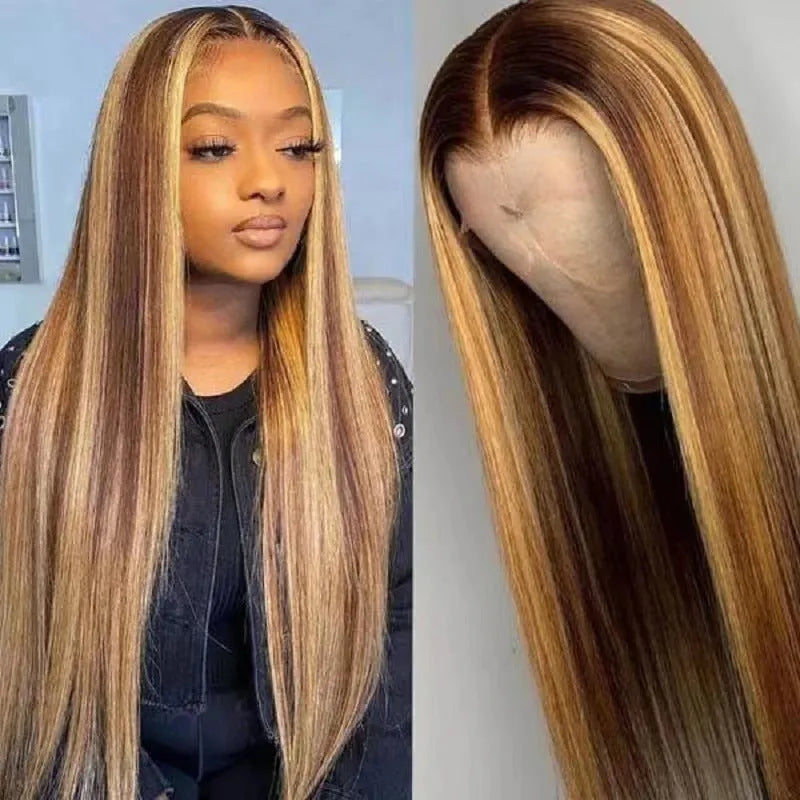 Front lace synthetic wig with long black gradient curly hair in a big wave style.