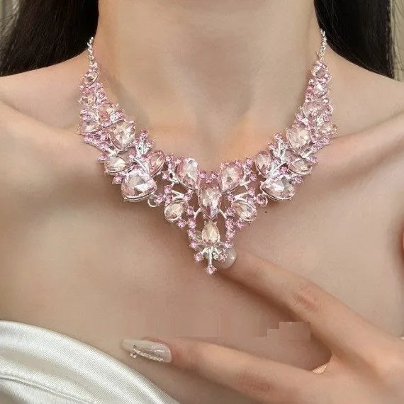Light luxury alloy flower drop pendant necklace with pink rhinestone centre on ball bead chain, women's jewellery