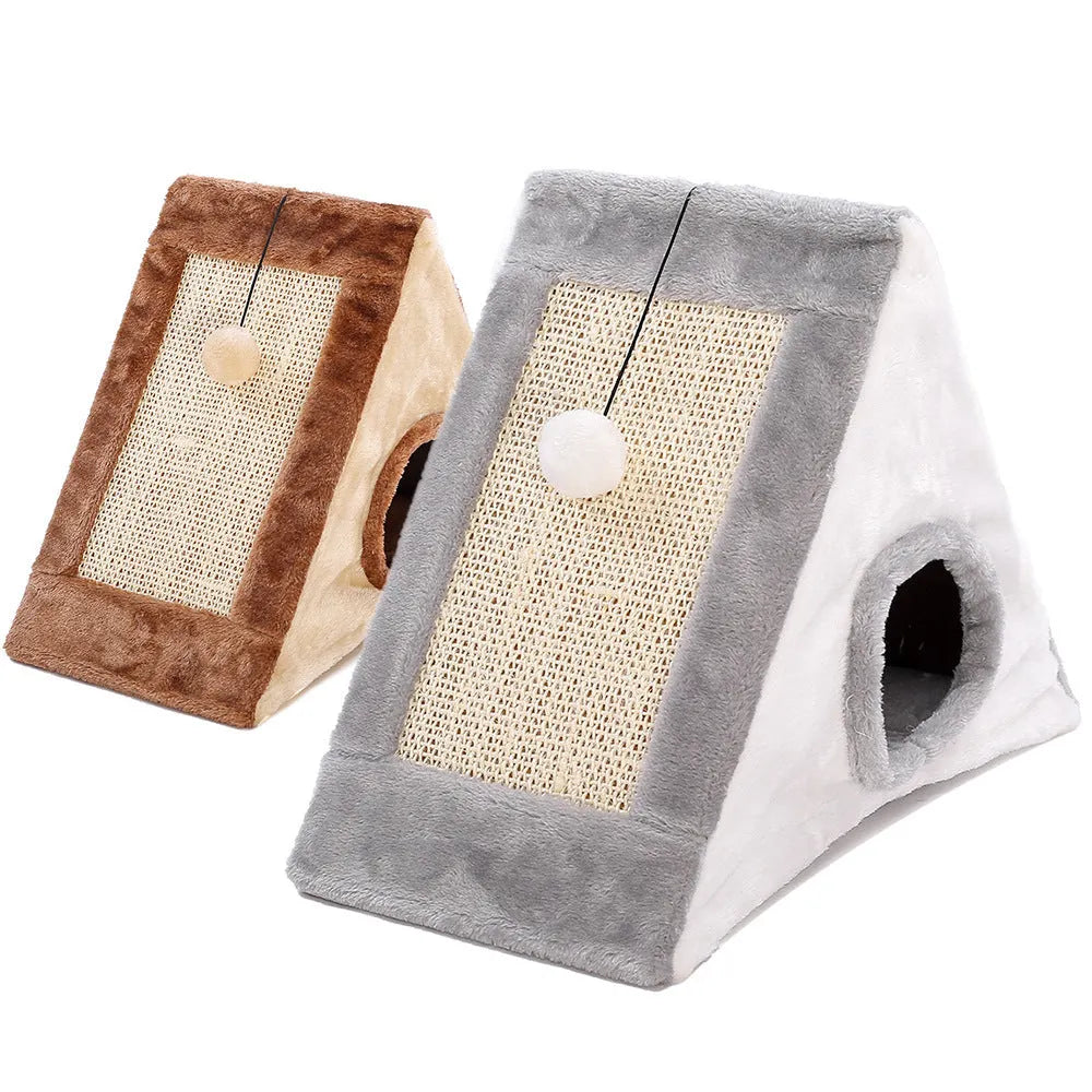 Triangle-shaped grey and white cat nest with integrated sisal scratching post.