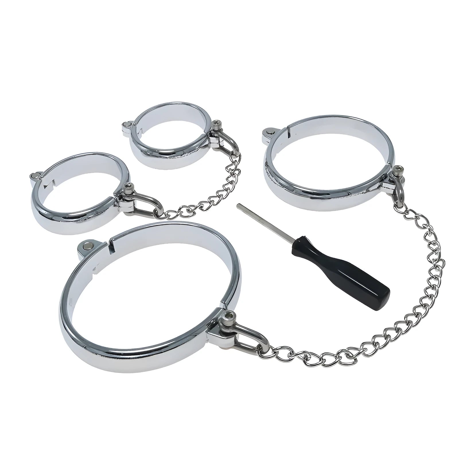 Silver zinc alloy metal handcuffs and footcuffs set for adult bondage play on a dark background.