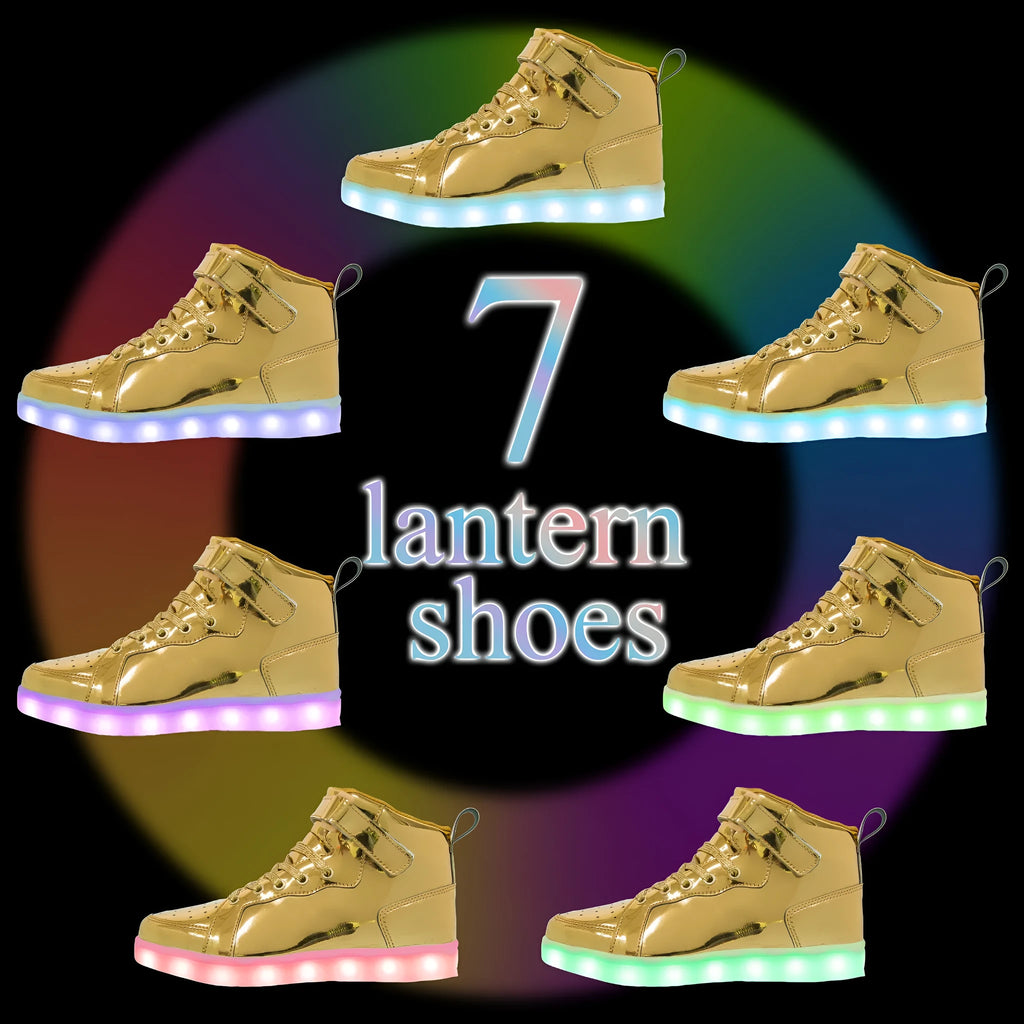 Unisex black LED high-top shoes with glowing light-up soles and Velcro strap.