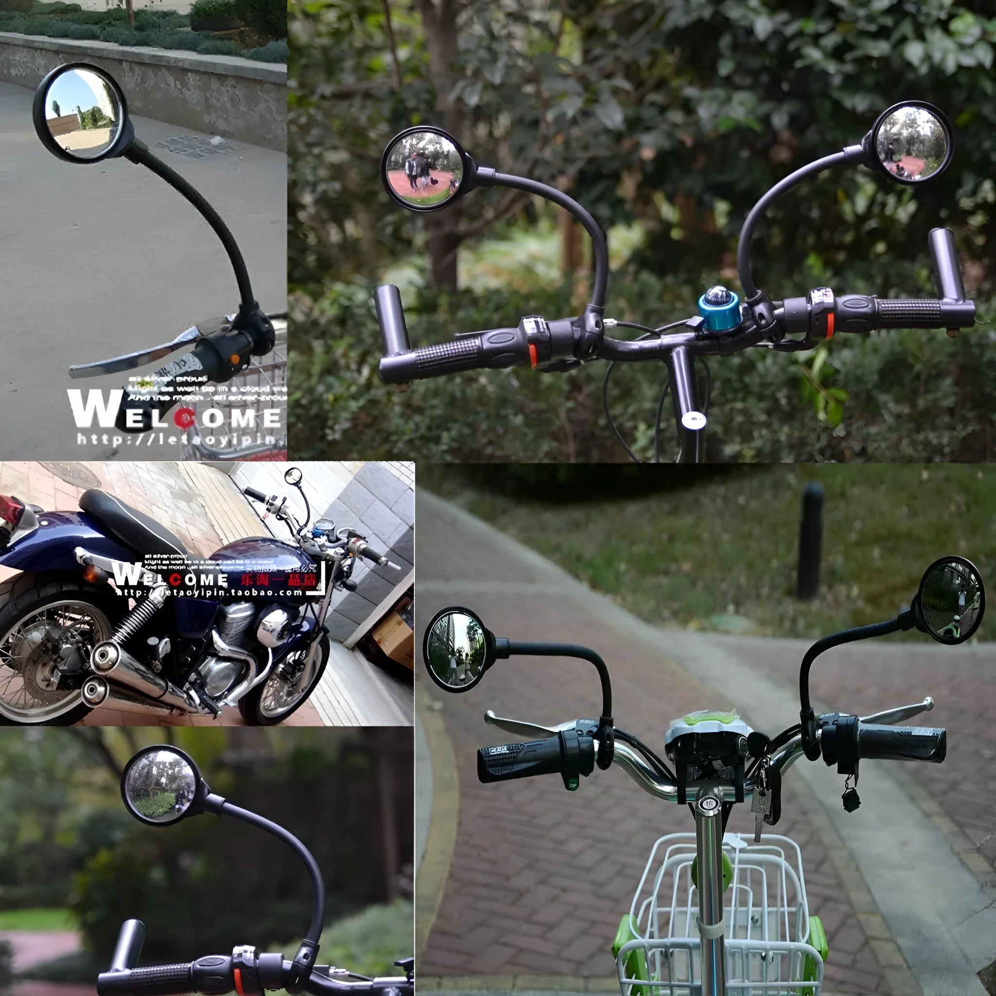 Black metal bicycle rearview mirror with hose adjustment clamp, shown as a two-pack.