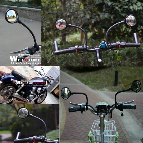 Black metal bicycle rearview mirror with hose adjustment clamp, shown as a two-pack.