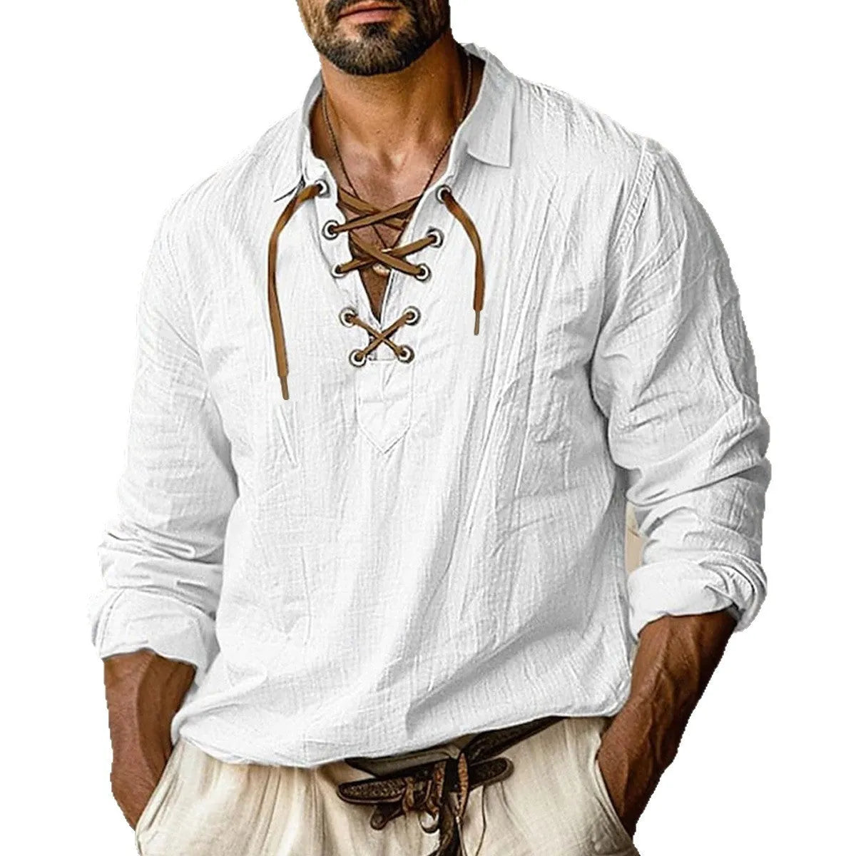 Men's loose blue linen blend long sleeve shirt with white lace trim on the lapels