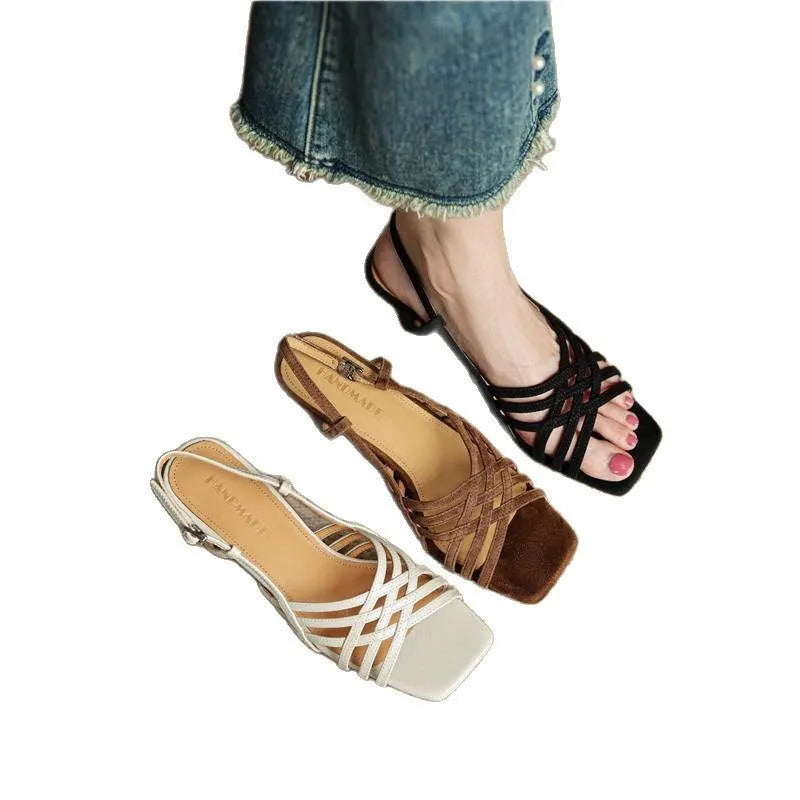 Retro beige high heel sandals with thin cross straps, an ankle buckle, and a square toe on a rubber sole.