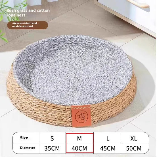 Rattan woven cat nest pet bed available in four sizes S, M, L, and XL.