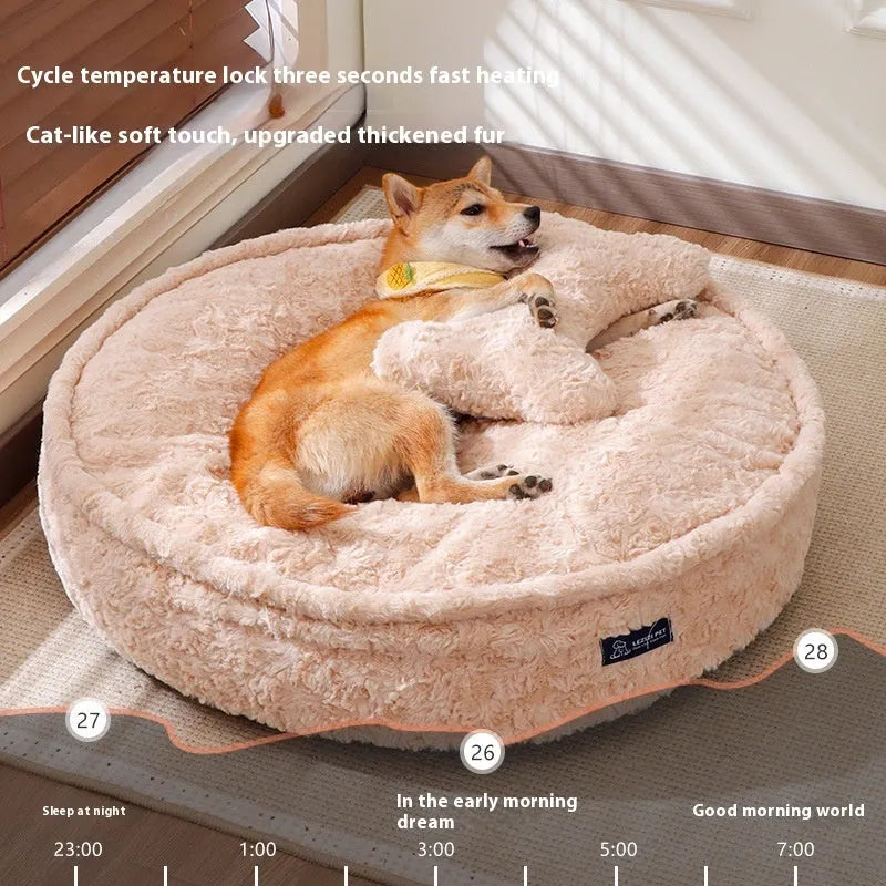 Round nest-style pet bed with a removable washable cover in a milk tea colour.