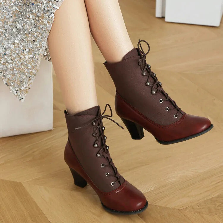 Retro British style cone heel Martin boots for women, artificial PU leather, front lace-up, available in brown