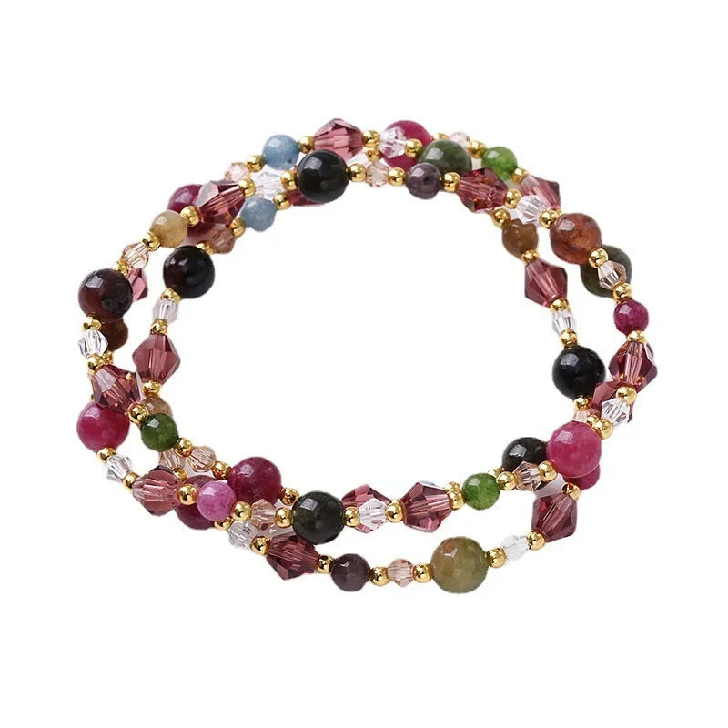 Handmade adjustable crystal three-ring bracelet in tourmaline, strawberry quartz or amethyst colours