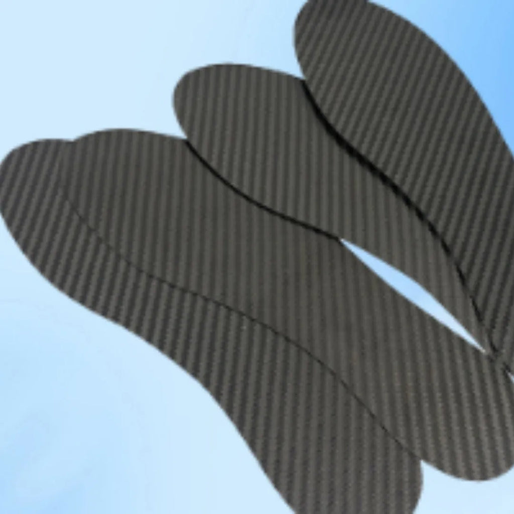 Black carbon fibre running insoles with 3K weave pattern showing full palm design