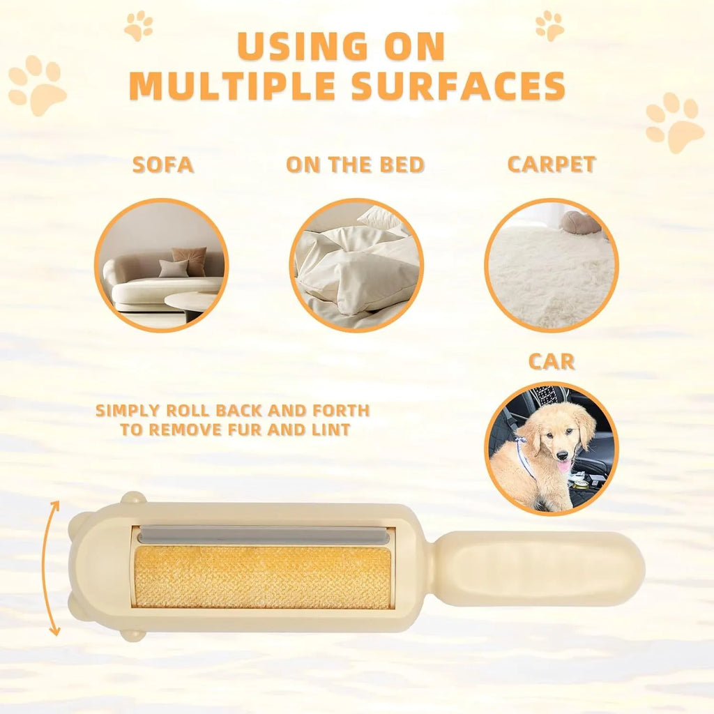 Blue pet hair removal tool with a roller and self-cleaning base for furniture and cars.