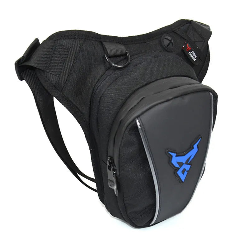 Motorcycle rider leg bag in 1200D Oxford cloth, shown in blue, mounted on a leg.