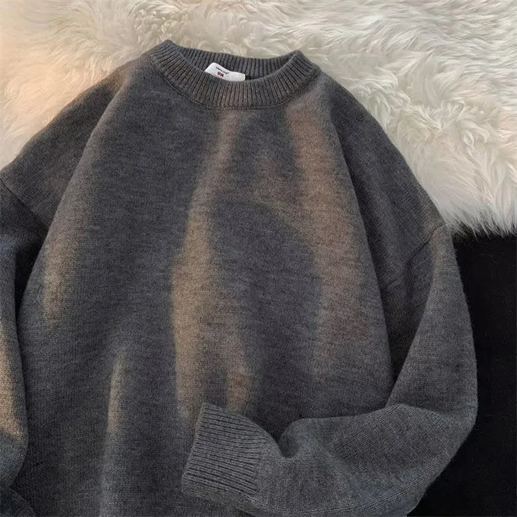 Men's loose round neck pullover sweater in multiple colour options: black, white, yellow, gray, light blue, and dark blue
