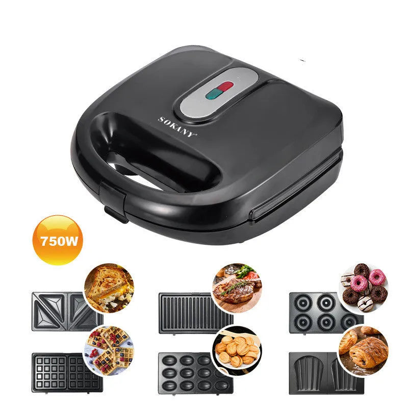 Black double-sided electric sandwich maker with stainless steel lid and six round non-stick cooking plates.