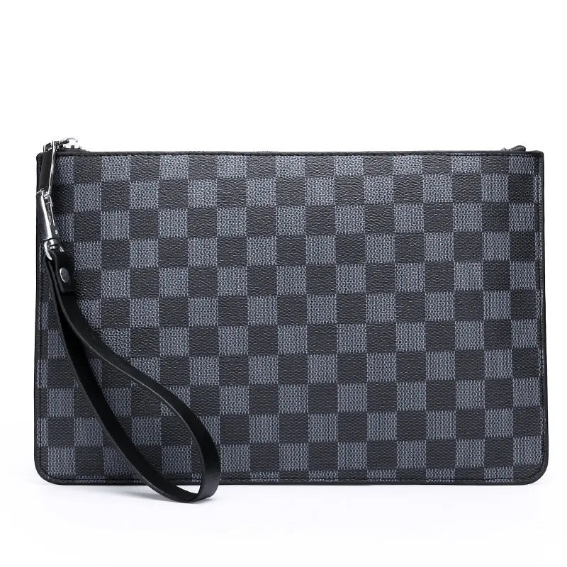 Men's black checkered PU leather clutch showing card slots and zipper pocket