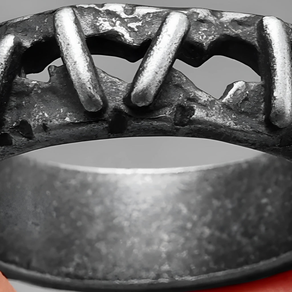 Stainless steel double ring with dark punk stitching design, shown in Style 2 colour.