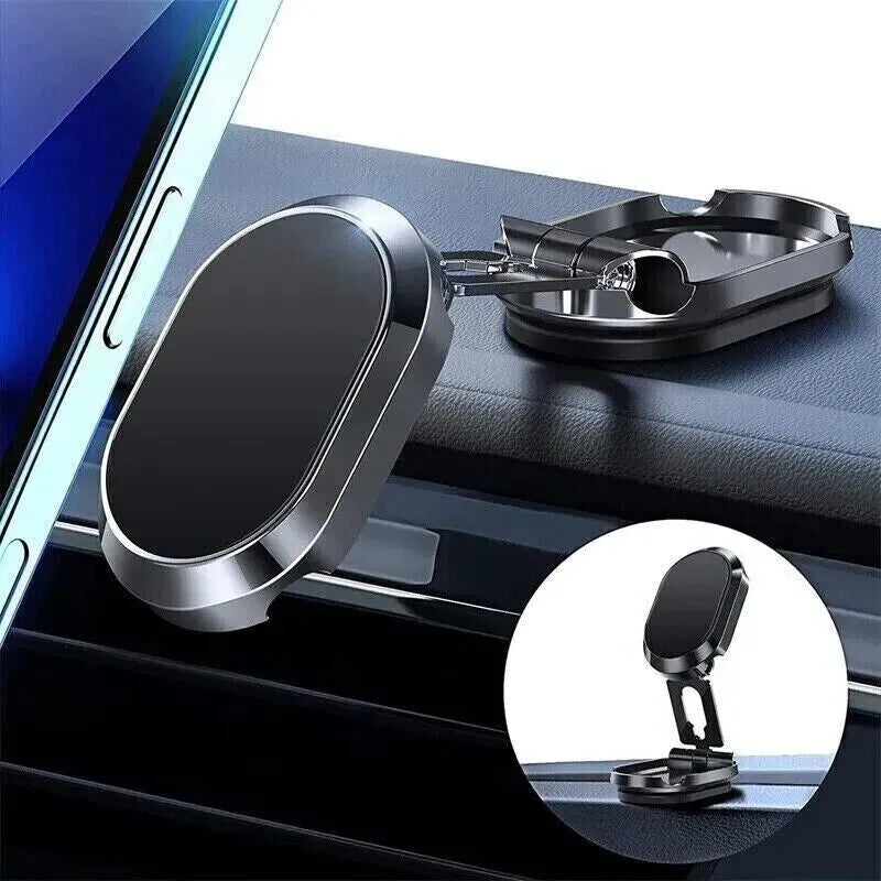 Chrome magnetic car phone holder showing folded and extended positions with 360-degree rotation