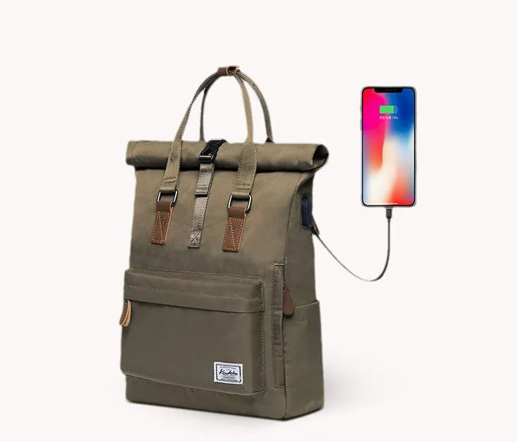 Casual polyester backpack with cover opening showing computer pocket and zipper compartment