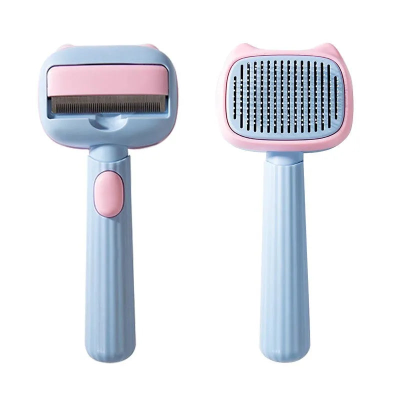 Blue double-sided pet grooming brush showing undercoat rake and dematting comb on a white background.